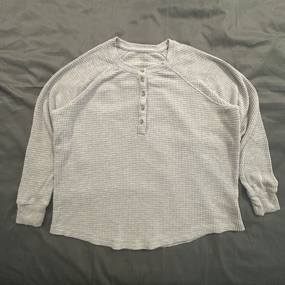 American Eagle Henley Shirt Womens Medium Waffle Knit Long Sleeve Gray